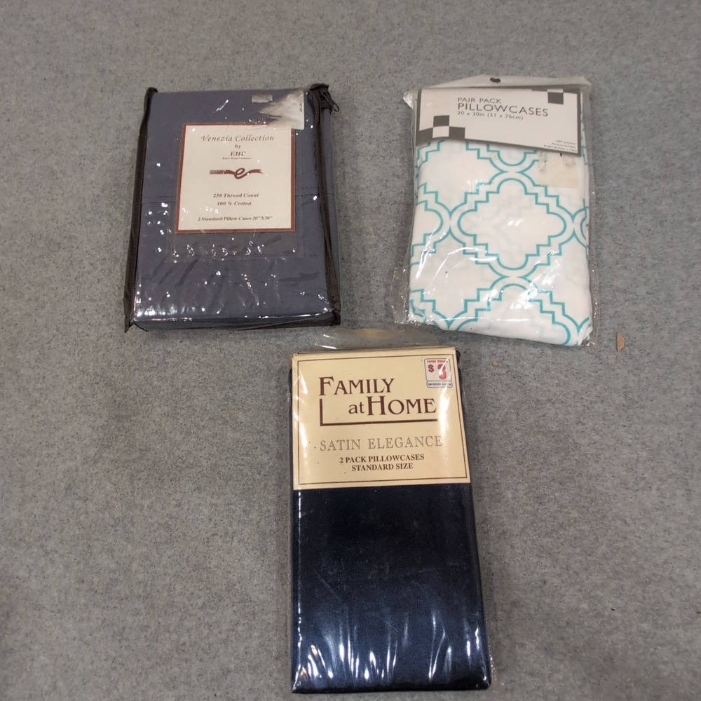 Lot of 3 New Pillowcase Pairs Navy Blue Cotton Satin Teal Geometric Standard